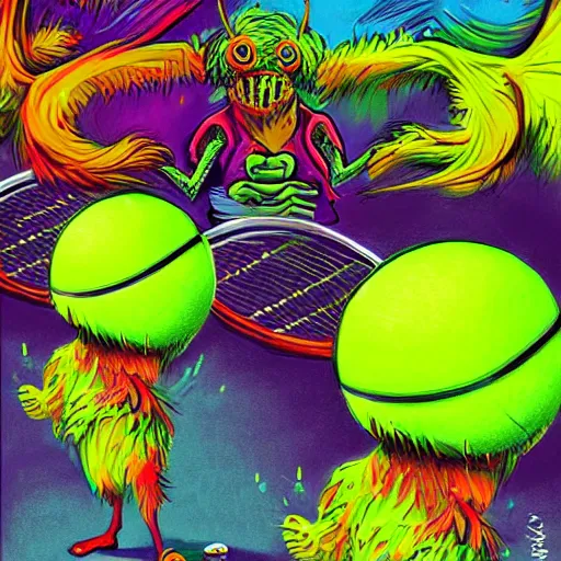 Image similar to a tennis ball monsters, colorful, digital art, fantasy, magic, chalk, trending on artstation, ultra detailed, professional illustration by basil gogos