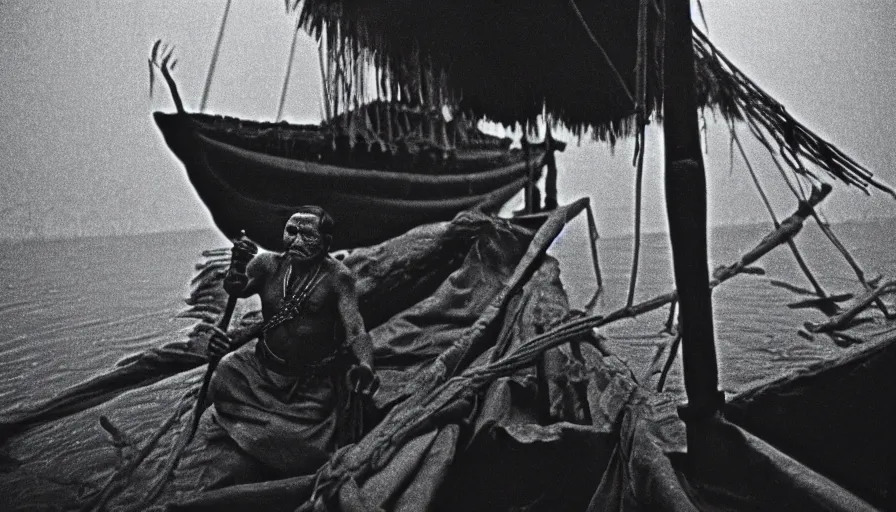 Prompt: 1 9 6 0 s movie still by tarkovsky of an elder mayan warrior in dark drapery inside a barque in a neoclassical canal, cinestill 8 0 0 t 3 5 mm b & w, high quality, heavy grain, high detail, panoramic, ultra wide lens, cinematic composition, dramatic light, anamorphic, piranesi style