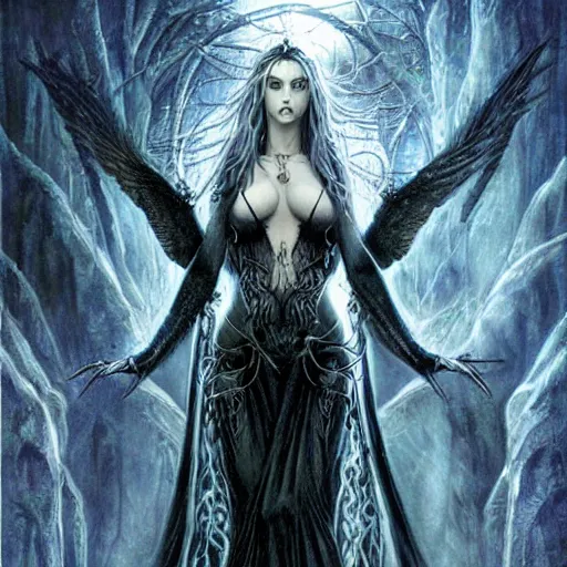 Image similar to dark beautiful sorceress casting an illusion spell by luis royo, full body shot, perfect symmetrical body, perfect symmetrical face, coherent symmetrical eyes,