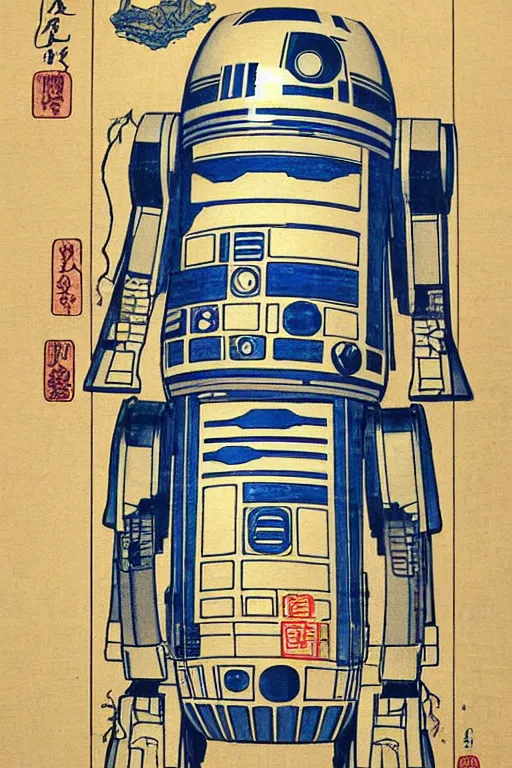 Image similar to Japanese woodblock print of r2d2 , hokusai