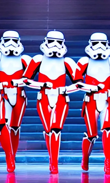 Prompt: radio city rockettes kicking while wearing stormtrooper helmets