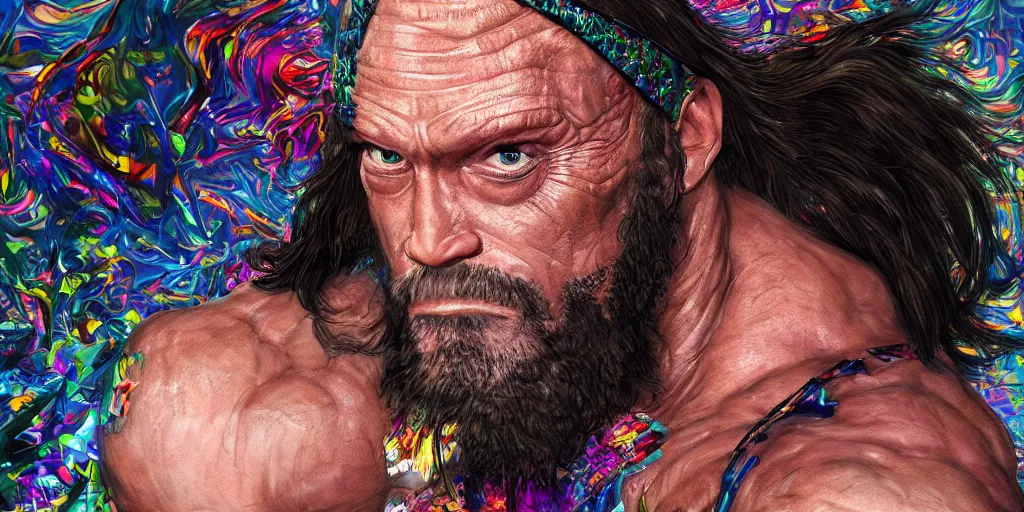 Image similar to hyperrealistic mixed media portrait of macho man randy savage, forward angle, stunning 3d render inspired art by P. Craig Russell and Barry Windsor-Smith + perfect facial symmetry + dim volumetric lighting, 8k octane beautifully detailed render, post-processing, extremely hyperdetailed, intricate complexity, epic composition, grim yet sparkling atmosphere, cinematic lighting + masterpiece, trending on artstation