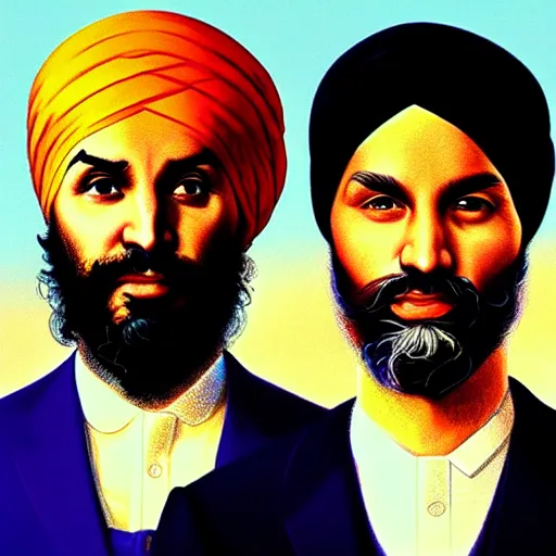 Image similar to Justin Trudeau with Jagmeet Singh in the american gothic painting, concept art, sharp focus, highly detailed digital painting by Grant Wood, artstation