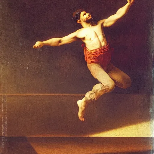 Prompt: a man boisterously dancing around the room by himself holding a single empty bottle as he jumps in the air, fine detail, dramatic lighting, award-winning photo UHD, 4K, by (Leonardo da Vinci)