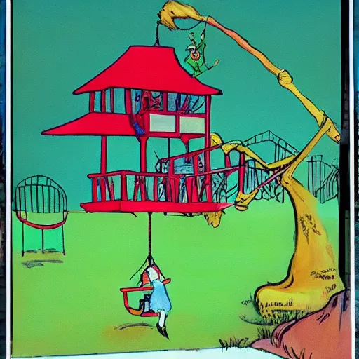 Image similar to painting of a swing set by dr seuss | horror themed | creepy
