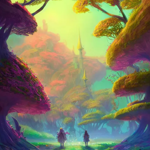 Prompt: a beautiful colorful interesting detailed storybook fantasy distant landscape view of a Wonderland full of weird trees and flowers, magic the gathering, Marc Simonetti and Anato Finnstark, neon pastel color palette, vibrant 8k rendering, Pixar concept art, trending on artstation HQ