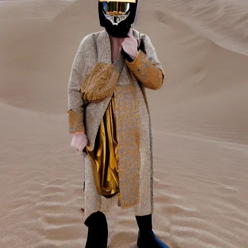 Prompt: Portrait of an editorial model with reflective ornate gold color blocks helmet mask scarf standing in sand dunes in the Grand Budapest Hotel