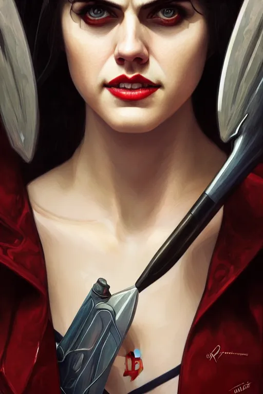 Prompt: alexandra daddario as harley qwin, realistic portrait, symmetrical, highly detailed, digital painting, artstation, concept art, smooth, sharp focus, illustration, cinematic lighting, art by artgerm and greg rutkowski and alphonse mucha