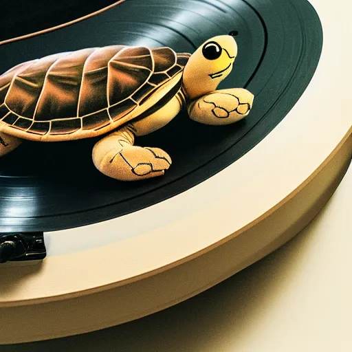 Image similar to a cute turtle plushie on top of a vinyl record player, 30mm, trending on ArtStation, deviantart, high detail, stylized portrait