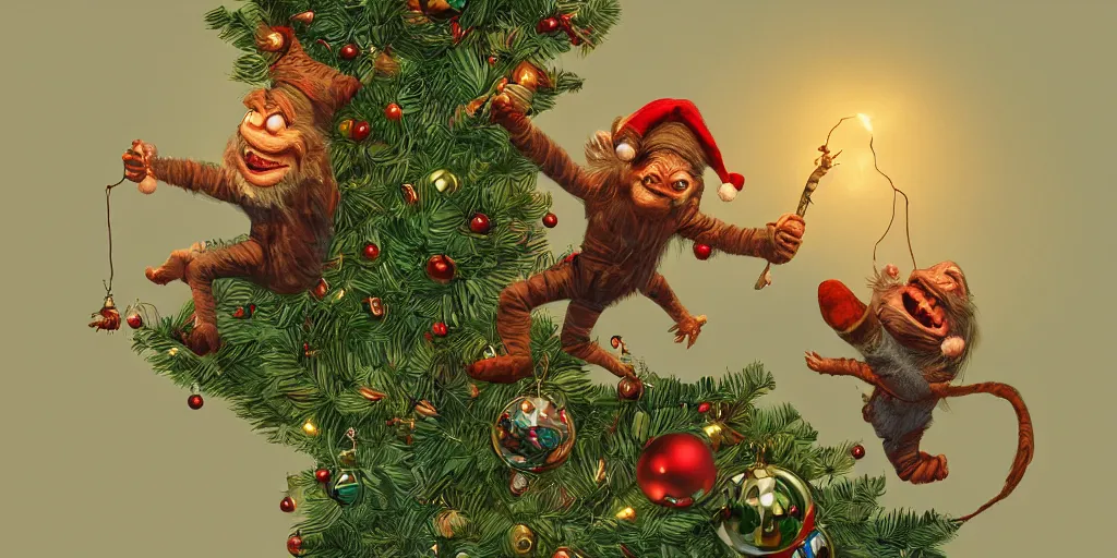 Prompt: Intricate detailed illustration, cheeky crotch goblin climbing a christmas tree, cinematic lighting, by Philip Hood, wide angle, volumetric light scattering, 8k, artstation, concept art,