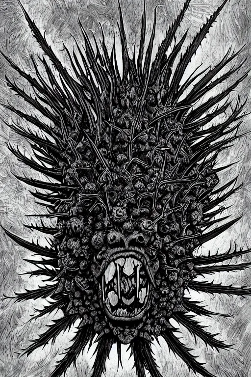 Image similar to thistle monster heavily armoured, symmetrical, highly detailed, digital art, needles, thorns, sharp focus, trending on art station, kentaro miura manga art style