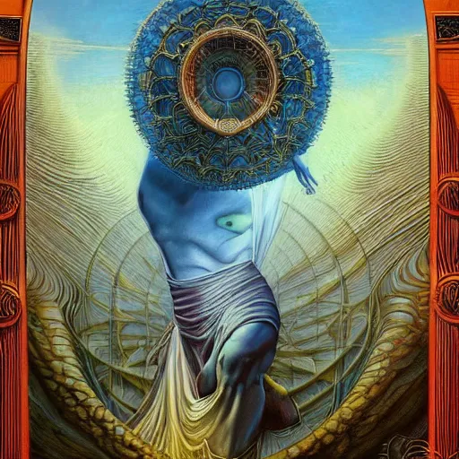 Prompt: The portal master tarot card by Tomasz Alen Kopera and Moebius and salvador dali, impressive perspective, masterpiece