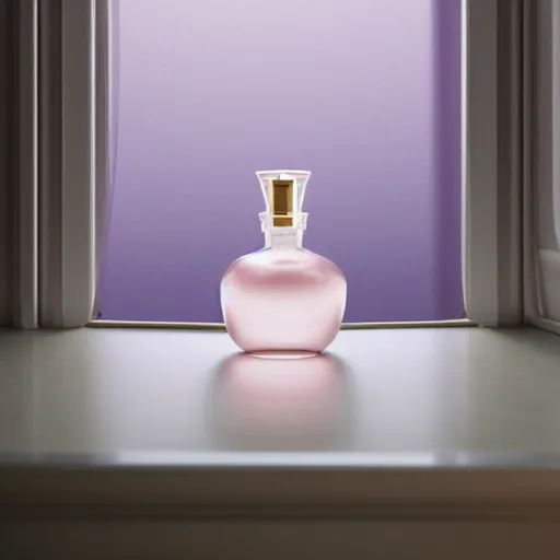 Image similar to perfume bottle on window sill in a pastel room by peter tarka in an ivory room well contoured smooth fair walls, up close shot, sharp focus, octane highly render, 4 k, ultra hd,