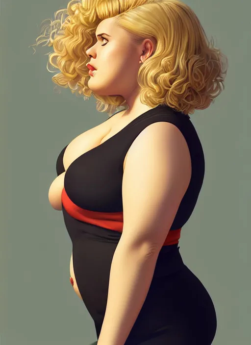 Image similar to full body portrait, teenage betty cooper, blonde hair, obese, bangs, ponytail, sultry, realistic, sultry smirk, fluffy bangs, curly bangs, fat, belly, intricate, elegant, highly detailed, digital painting, artstation, concept art, smooth, sharp focus, illustration, art by wlop, mars ravelo and greg rutkowski