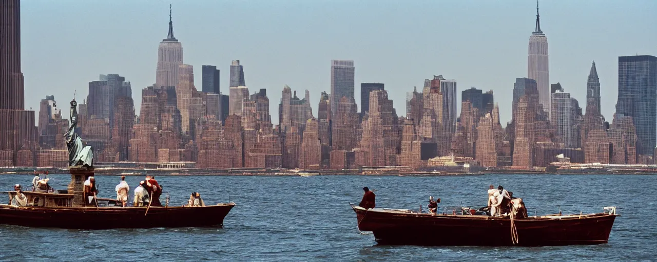 Image similar to a boat carrying spaghetti in new york, the statute of liberty in the background, canon 8 0 mm, photography, film, kodachrome