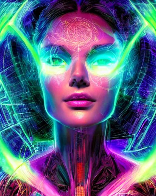 Image similar to a powerful energy psychedelic matrix woman, by alexander fedosav, hyper detailed digital matte painting, concept art, hyperrealism, 1 6 k resolution, cinema 4 d, 8 k resolution, trending on artstation, behance hd, a masterpiece, by stephan martiniere, particles, cel - shaded, power bright neon energy, by david a. hardy,