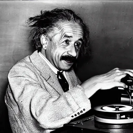 Prompt: photo of Albert Einstein DJing a record player, vintage, highly detailed facial features