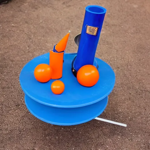 Image similar to blue goldberg machine containing a rocket and an orange