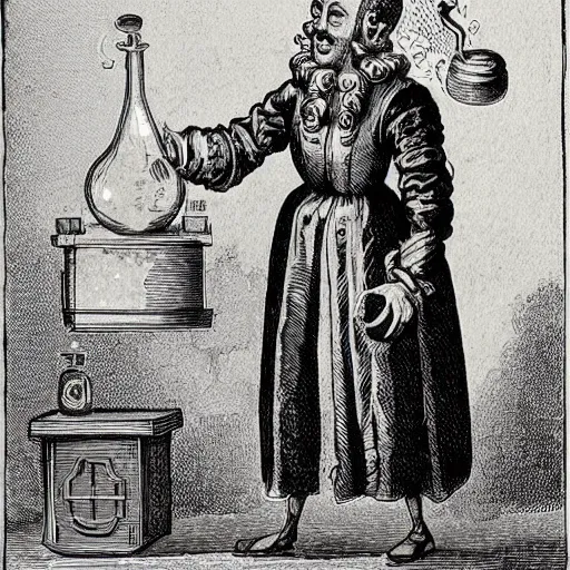 Image similar to a 17th-century alchemist who has 2 bubbling potion bottles :: black and white, head and torso drawing, very high quality, concept art