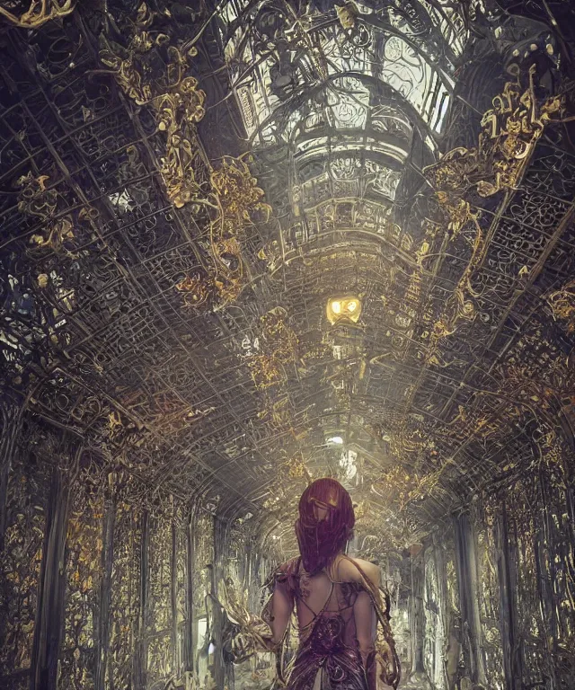 Prompt: a streeet view of wat rong khun by charlie bowater and art germ, rule of thirds, golden ratio, art nouveau! cyberpunk! style, mechanical accents!, mecha plate armor, glowing leds, flowing wires with leaves, art nouveau accents, art nouveau patterns and geometry, rich deep moody colors