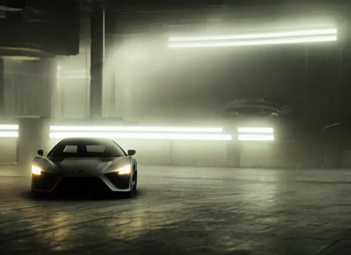 Prompt: Bladerunner 2049 scene front view sports car in small garage dark atmospheric volumetric lighting grungy moody dark cinematic Roger Deakins Cinematography futuristic cyberpunk car GTR NSX Audi R8 S14 Evo X Z06 ikuo maeda Newton Thomas Sigel bladerunner 2049 screen cap still