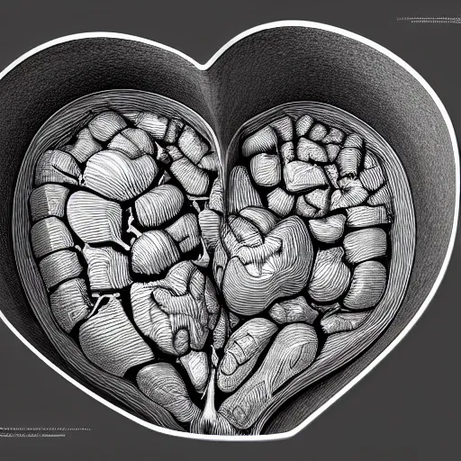 Prompt: anatomical hearts [ within bowl ]!!! resting on table, trending on artstation, cgsociety, [ overhead view ]!!, 4 k quality, intricately defined, professional photography, complexly detailed, polycount
