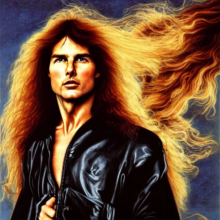 Image similar to Pre-Raphaelite portrait of Tom Cruise as the leader of a cult 1980s heavy metal band, with very long blond hair and grey eyes