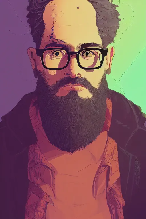 Image similar to portrait of jewel neckbeard nerd in the style of Rob Lefield and Dan Mumford , trending on artstation, digital art,surrealism ,macro,blueprint ,vaporwave ,