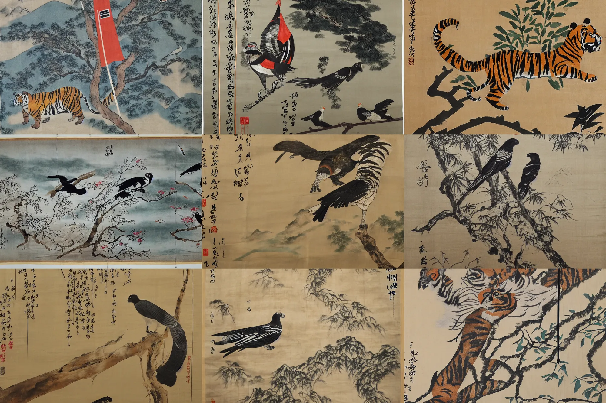 Prompt: flagpole, hanging silk scroll, tiger, magpie, korean countryside