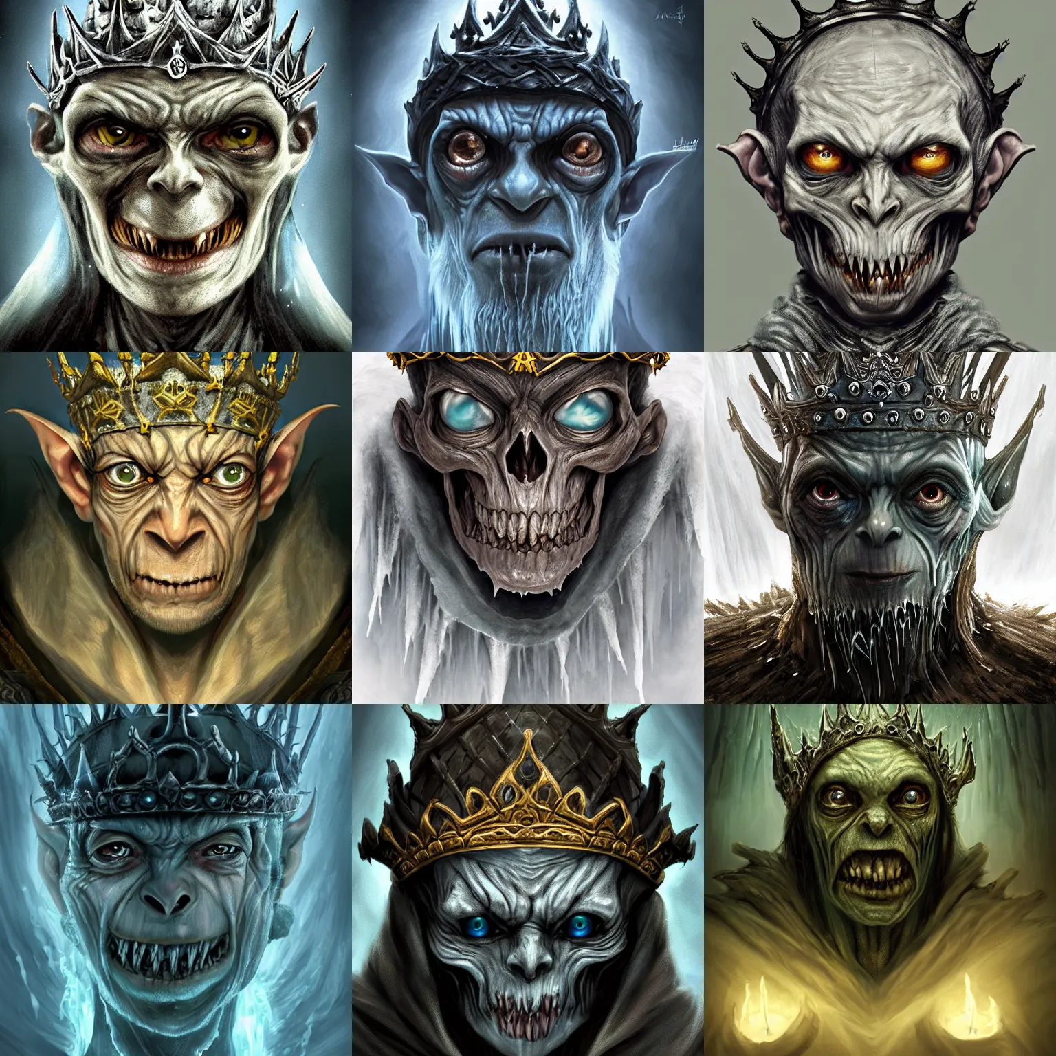 Prompt: centered portrait of the Gollum wearing a crown formed out of ice, in the style of Lich King, cape, skull mask, thunder sword, character concept, high fantasy, gothic, dark atmosphere, malice, medium shot, symmetrical face, golden ratio, cinematic lighting, hyperdetailed, high resolution, insanely detailed and intricate, artstation, Marc Simonetti, Greg Rutkowski, H R Giger, octane render