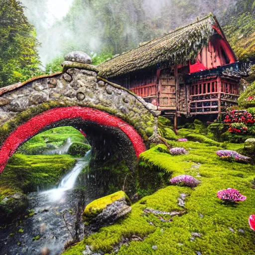 Prompt: spring festival at medieval hobbit village, ornate, beautiful, atmosphere, vibe, mist, smoke, fire, chimney, rain, wet, pristine, puddles, waterfall, melting, dripping, snow, creek, moss, ice, bridge, rainbow, cobble, forest, roses, flowers, color page, 4 k, contest winner