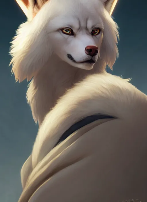 Image similar to beautiful portrait of a female anthro wolf fursona wearing jedi robes. character design by charlie bowater, ross tran, artgerm, and makoto shinkai, detailed, soft lighting, rendered in octane