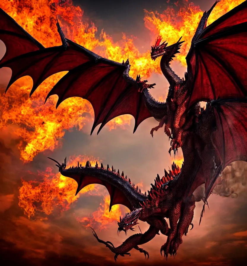 Prompt: a flying dragon with huge wings, scales, smoke, flames by monster hunter rise 8 k 3 d photoreal rich detail photography