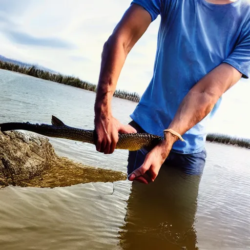 Image similar to A photo of a man holding the world's longest fish, realistic, ultra high detail, 8k.