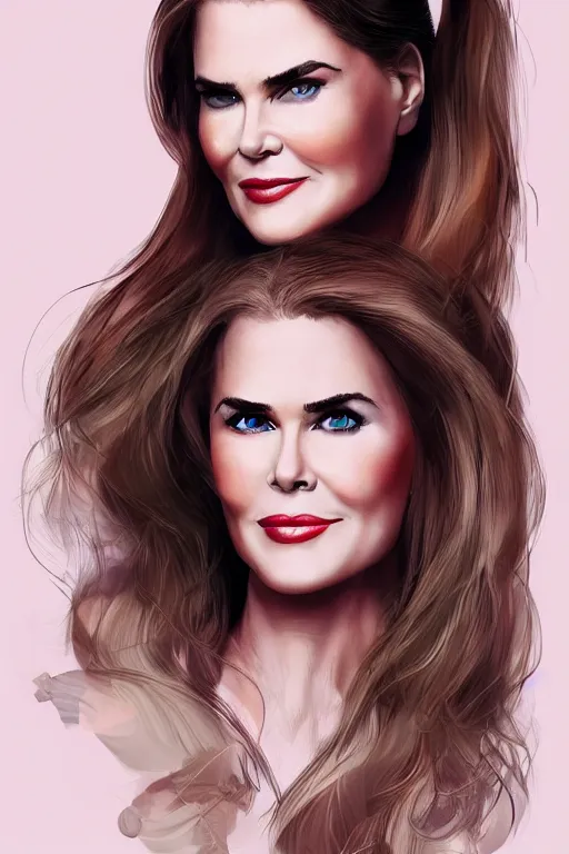 Image similar to mix of beautiful young maria shriver, mariel hemmingway, brooke shields, nicole kidman and elle macpherson as a boa constrictor, thin lips, hair tied up in a pony tail, dark blonde hair, colorful, artstation, cgsociety