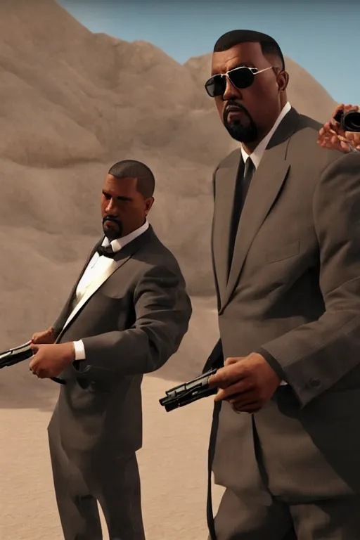 Image similar to hyperrealistic cinematic portrait of chow yun - fat and kanye west, wearing tuxedos, shooting guns in a quentin tarantino movie, 8 k, pulp fiction style, unreal engine