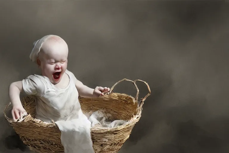 Image similar to epic concept art of a white baby squealing in a basket. by ashley wood and j. m. w. turner, speed painting, photo bash, cinematic angle, super detailing,