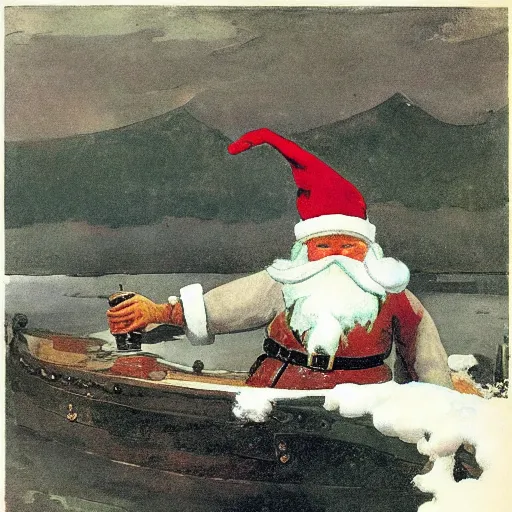 Prompt: drunken angry santa claus gnome brandishing a bottle of rum sitting in his sleigh newell convers wyeth winslow homer craig j. spearing thomas eakins