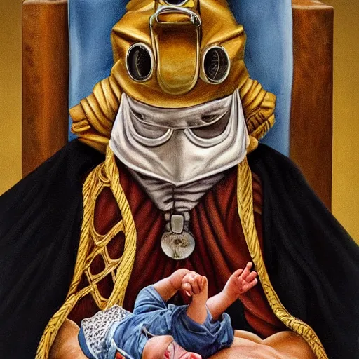 Image similar to hyper realistic painting of a handsome man symmetrical, sitting in a gilded throne, tubes coming out of the man's arm, getting a blood transfusion from a baby. plague doctor in the background created by wes andersson