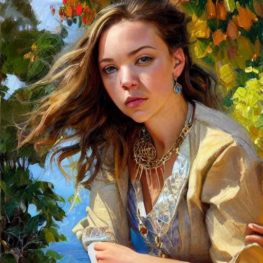 Image similar to sydney sweeney with wooden jewelry, mediterranean features, fantasy character portrait by Michael Garmash, Donato Giancola