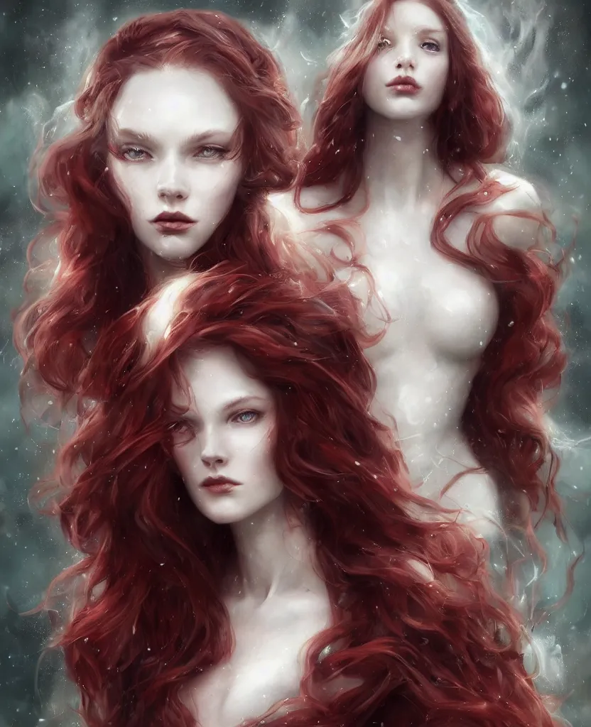 Prompt: a portrait of a ice queen with long dark curly red hair, stoic, pale skin, alone dramatic, epic painting, painted by artgerm and wlop, cgsociety, roses, wolf, crows beautiful, artbreeder, artstation, octane render, sharpness, 8 k, golden ratio