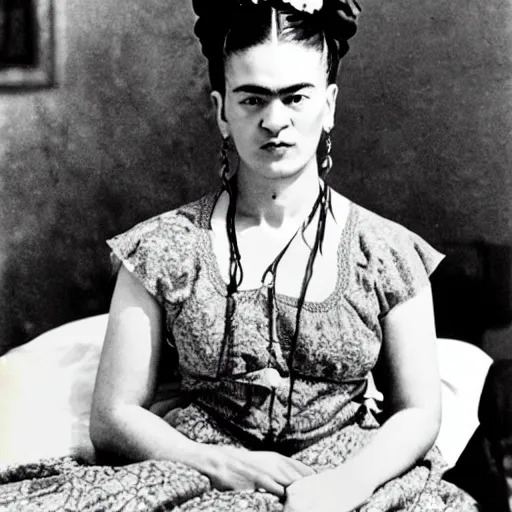 Prompt: frida kahlo is wearing a victorian night gown lying in a hospital bed