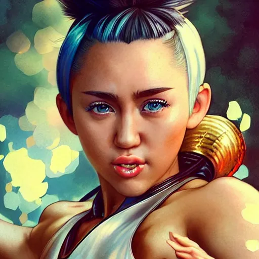 Prompt: miley cyrus as chun li from street fighter, 4 k, ultra realistic, detailed focused art by artgerm and greg rutkowski and alphonse mucha