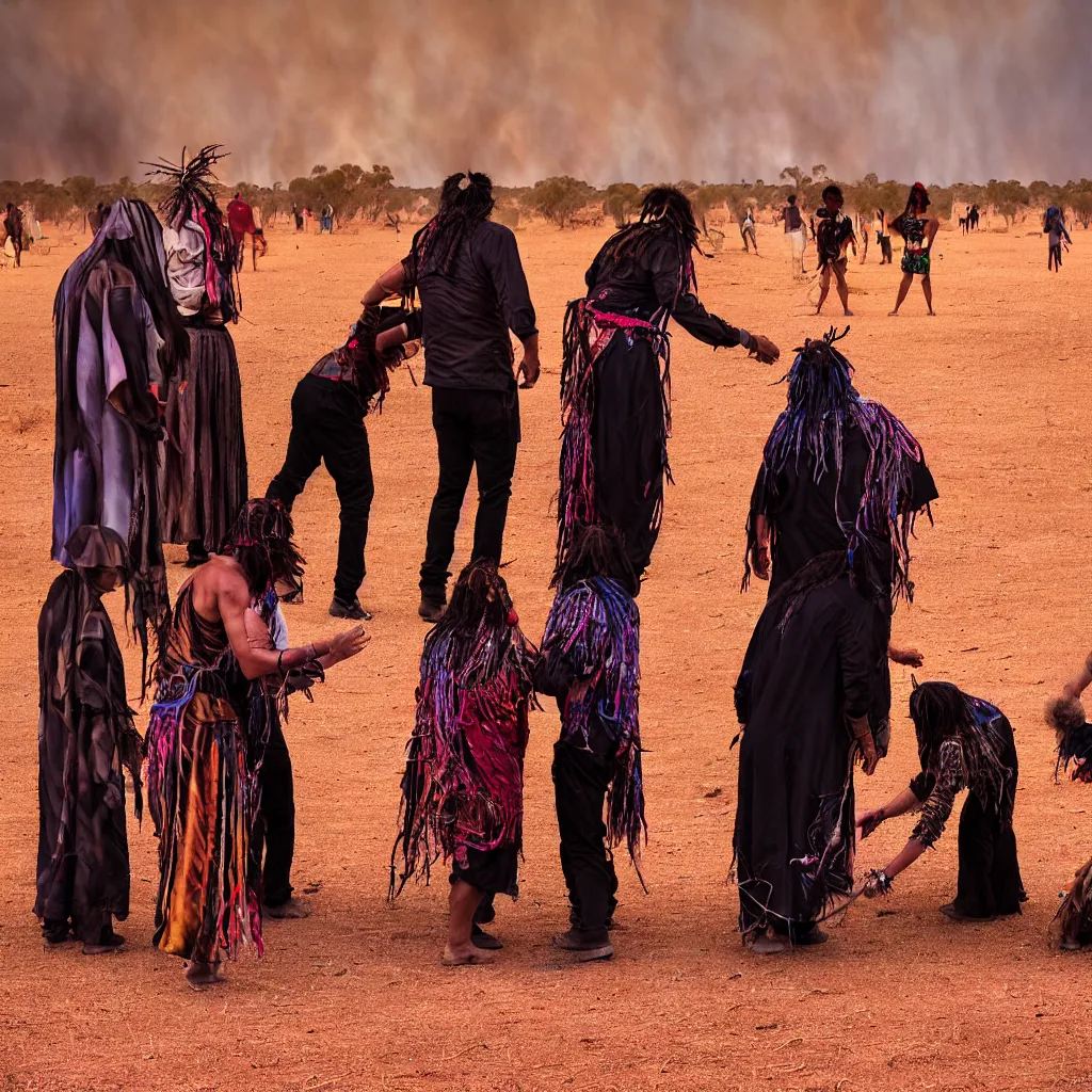 Image similar to atmospheric photograph of three ravers, two men, one woman, woman is in a trenchcoat, blessing the soil at night, seen from behind, fire circle, two aboriginal elders, dancefloor kismet, diverse costumes, clean composition, desert transition area, bonfire, atmospheric night, australian desert, symmetry, sony a 7 r