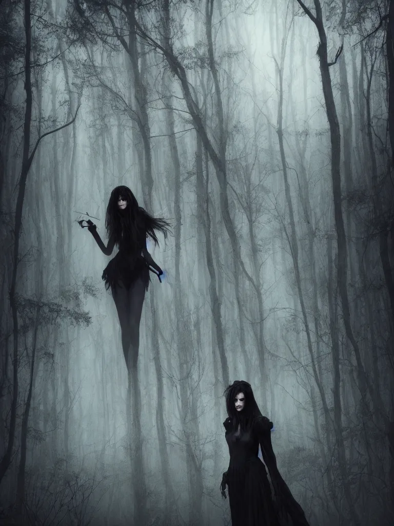 Prompt: beautiful dark witch in a gloomy horror forest cinematic, realistic, detailed, full body