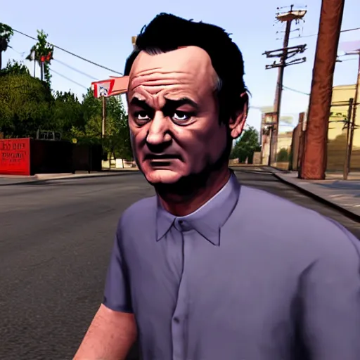 Image similar to bill murray in gta, running from cops, game screenshot