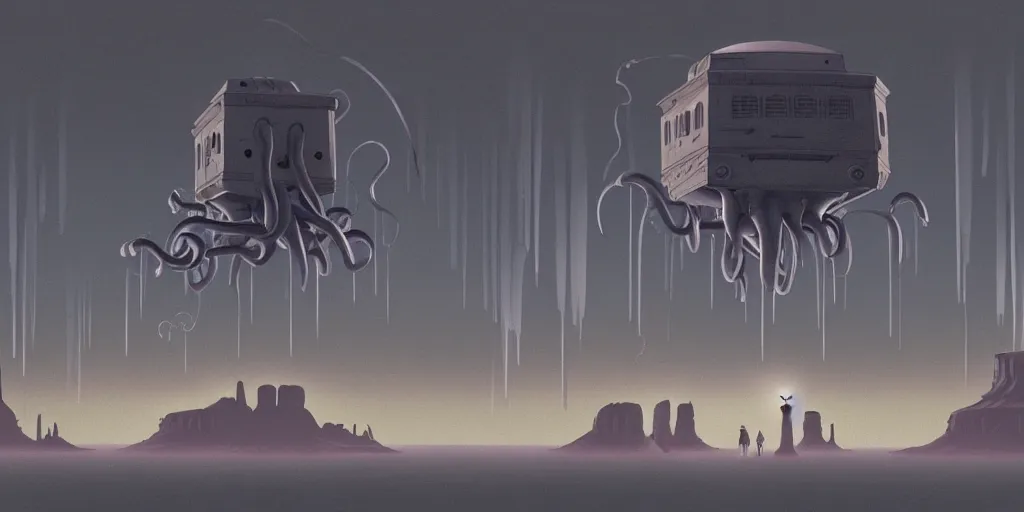 Image similar to a realistic cell - shaded studio ghibli concept art from paprika ( 2 0 0 6 ) of a flying intelligent dull grey mechanical octopus from close encounters of the third kind ( 1 9 7 7 ) in a flooded monument valley stonehenge. very dull colors, wide shot, hd, 4 k, hq