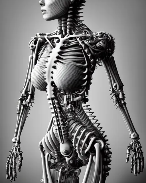 Image similar to raw bw 3 d redshift render flesh biomechanical intricate spinal ribbed jelly body detail of mechanical female vegetal - cyborg, beautiful insanely detailed, digital art, octane render, 8 k artistic photography, photo - realistic, unreal engine