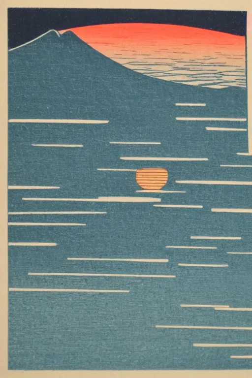 Image similar to sunset over the ocean Japanese woodblock style