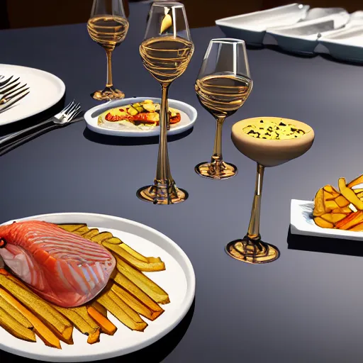 Image similar to Michelin star restaurant, plates with fries and fish, krill waitress, 4k, photorealism, highly detailed